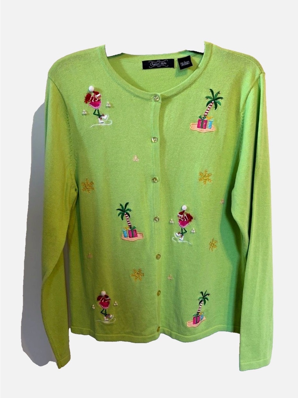 Crystal-Kobe Christmas Cardigan L Santa Flamingo Ice Skates Tropical Holiday